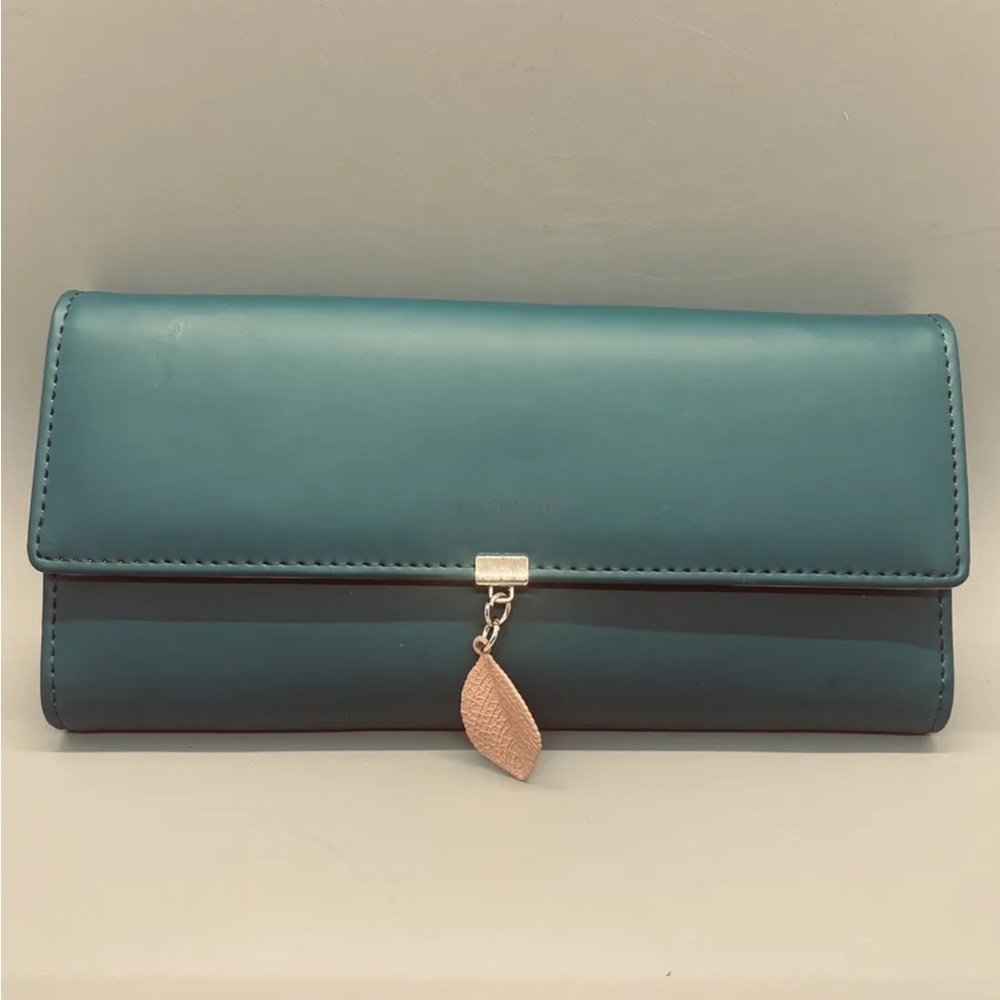 FT Funtor Teal Peach Leaf Card Holder Trifold Ladies Wallets Coins Zipper
